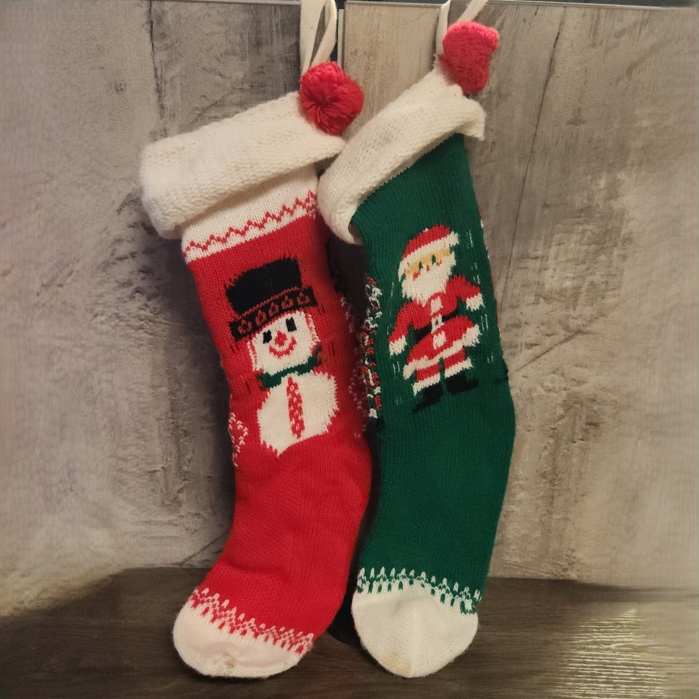 Vintage Christmas Stocking Socks Green Red Snowman Santa Claus Pom Poms Lot of 2